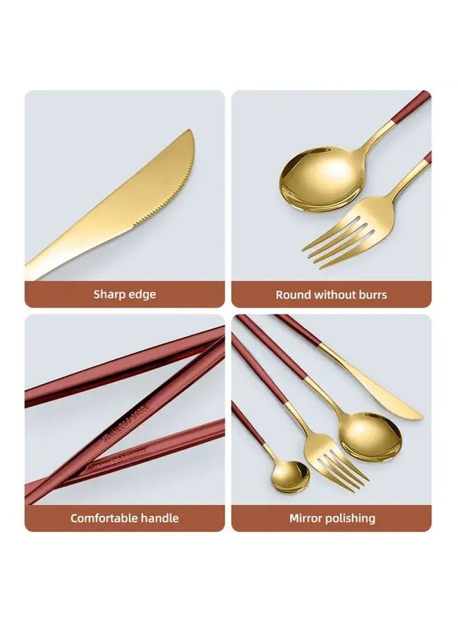 Golden Red Handle Cutlery 4 Piece Set Stainless Steel Knife Fork Spoon - Image 5